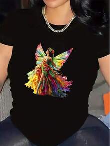 T-shirt noir à manches courtes avec design coloré, en tissu léger et durable, convient pour les sorties décontractées à la maison ou au restaurant, couleurs vives, coupe confortable, parfait pour un usage quotidien. - Noir - Voir 11