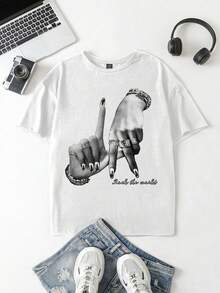 Summer Outfits Women's Vintage Rock Hand Print Graphic Tees Rock The World Slogan 100% Cotton Soft Breathable Short Sleeve Crewneck T Shirts Casual Daily Streetwear Y2k Style Regular Fit All-Match Comfortable Fashion Tops For Women - 白色 - 查看 2