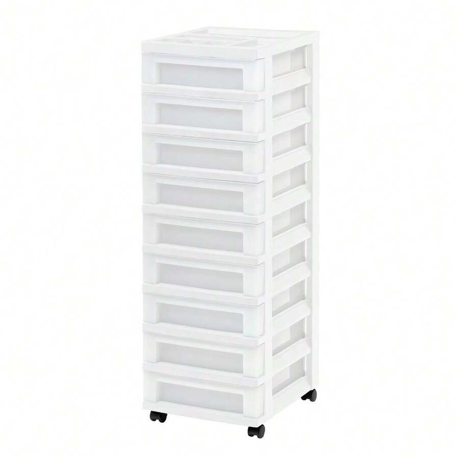 9-Drawer Narrow Plastic Storage Cart With Organizer Desktop, White - 1 - View 1