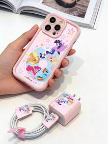 Hasbro offiziell lizenzierte 5-in-1 rosa Cartoon-Themen Handyhülle Set - beinhaltet Handyhülle, Ladegerät Kopfabdeckung, Kabel Schutz, Kabel Aufbewahrung, kompatibel mit iPhone 6-13 Pro Max, tolles Geschenk für Freundin, Tochter, Teenager - Pink - Übersicht 2