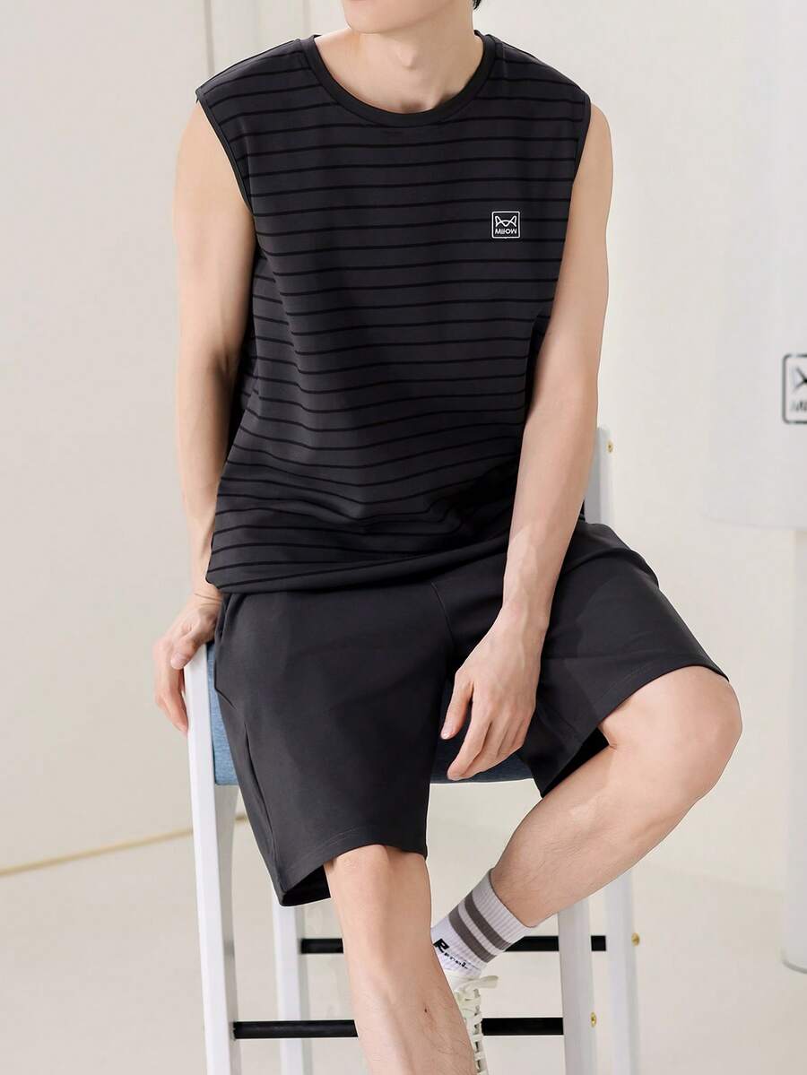 AICJ 2pcs Men's Solid Color Casual Loose Basic Round Neck Sleeveless Top, Striped Shorts Pajama Set For Spring & Summer Loungewear - Black - View 1