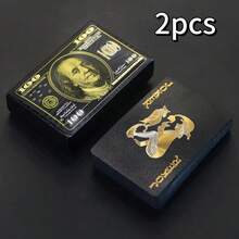 金色和黑色防水塑料扑克牌套装，美元设计，柔软优质，适合派对、纸牌游戏、棋盘游戏、赌场配件，最适合二十一点和麻将 - 彩色 - 查看 12