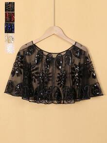 1pc Sequin Shawl Collar Mesh Yoke Top - Multicolor - View 3