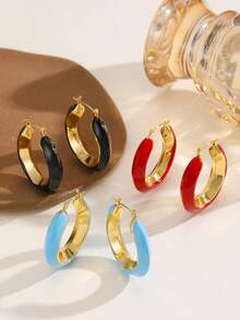 1 par de pendientes de aro en forma de C de acero inoxidable para mujeres - Pendientes de acero inoxidable con forma de C y gotas de aceite - Ver 1