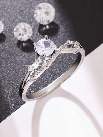 1 chiếc nhẫn đính hôn cao cấp - 4 chấu sáng bóng, đá Cubic Zirconia tổng hợp hình tròn, trang sức kỷ niệm vĩnh cửu dành cho phụ nữ, lý tưởng cho quà tặng đám cưới, tiệc tùng và ngày Valentine.