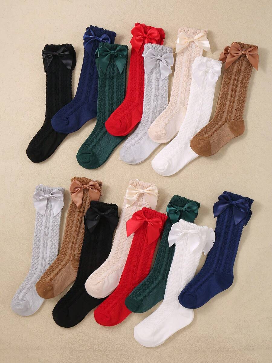 8/1 Pair Baby Girls Over-The-Knee Socks, Decorated With Bow, Princess Style Mid-Calf Socks, Lace Trim Design Won't Constrict Feet, Cute Girls Socks. Multi-Color Combination Set Including Red, White, Black, Pink And Gray, Suitable For 0-36 Months Baby Girls, Mesh Breathable, Suitable For All Seasons - Multicolor - View 1