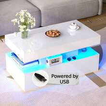 Modern High Gloss Coffee Table With LED Light, Minimalist Center Table With 2-Tier Storage Space For Living Area And Office - 白色 - 查看 9