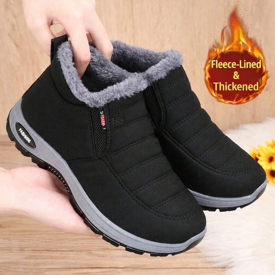 FZY Thick-Soled, Padded, Thick Snow Boots For Women - Waterproof, Anti-Slip, Warm Shoes / Casual Sports Shoes - Side Zipper, Lightweight One-Piece Boot, Women's Loafers, Elegant And Fashionable Low-Top Ankle Boots - Durable Hiking And Trekking Shoes / Valentine's Day Gift For Girlfriend. Black Leather Loafers, Versatile And Practical Commuting Shoes. - 黑色 - 查看 1