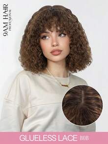 Wear & Go 卷曲波波头假发，带刘海，100% 真人发，挑染 P4/30/27，无胶迷你蕾丝短卷波波头刘海假发，10-14 英寸 - S4/30/27 - 查看 1