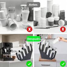 Portavasos y tapas de papel, dispensador de vasos de papel desechables, organizador de 4 compartimentos para vasos de café y tapas para encimeras, cafeterías, bares, restaurantes, salas de descanso, organizadores de encimeras, cafeterías, bebidas, cocinas, salas de descanso. Fácil de apilar, fácil de limpiar, se puede utilizar en cocinas, dormitorios, estudios, oficinas, restaurantes, bares, cafeterías y otros lugares. Le ayuda a mantener todo ordenado y limpio. - Negro - Ver 7
