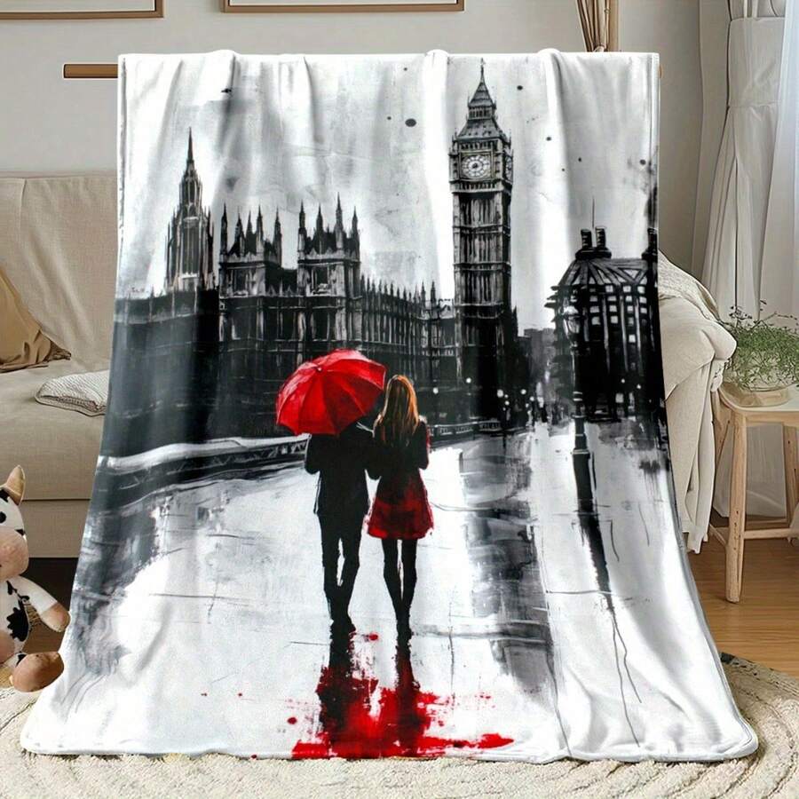 1pc Romantic London Couple With Red Umbrella & Big Ben Design Soft Warm Lightweight Flannel Blanket - All-Season Cozy Throw For Sofa, Bed, Travel, Camping - Perfect Gift For Family, Friends, Adults, Plush Blanket - White - View 1