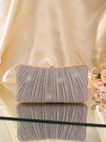 1 件时尚粉色褶皱亮片戒指手拿包，钻石金属奢华舞厅手提包，荷叶边设计，休闲派对婚礼钱包，完美适用于女性办公室、商务旅行、外出、通勤等场合。 - 粉色 - 查看 5