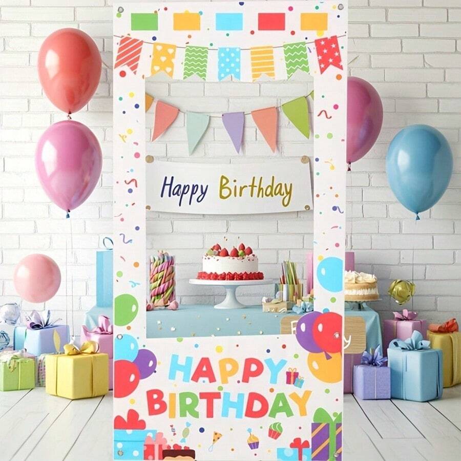 1 peça de moldura para fotos com balões coloridos, confete e caixas de presente de aniversário. Tamanhos: 120*60/180*90/210*105 cm. Ideal para fotos e decoração de festas de aniversário, tanto em ambientes internos quanto externos. - Multicolorido - Ver 1