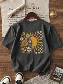 1pc Girls' Casual Sunflower Print Round Neck Short Sleeve T-Shirt, Summer Student Youth Clothing - Dark Grey - View 3