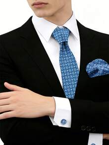 3pcs/Set Luxury Men's Necktie, Pocket Square, Cufflinks Set, High-Quality Polyester Fabric, Fashion Style, Suitable For Party, Wedding - Rose Red - View 11