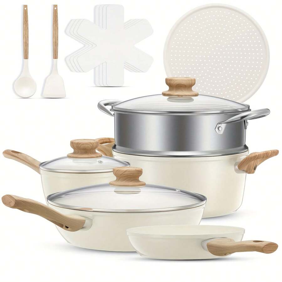15pcs Ceramic Pots And Pans Set, Non-Stick Cookware Sets, Kitchen Induction Cooking Set With Pizza Pan, Food Steamer, Saucepans, Frying Pans (White) - White - View 1