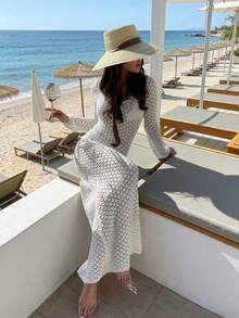 Women's New Crew Neck Long Sleeve Ribbed Cuffed Semi-Sheer Slim-Fit Pullover, Fashionable Casual Vacation Beach Party Knit Sweater Dress, Spring And Summer - White - View 3