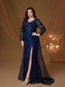 Abito lungo Mgiacy Plus Size in pizzo floreale blu reale con scollo a V, maniche lunghe, spacco alto e strass, elegante abito da donna per matrimoni estivi, feste e occasioni speciali - Blu reale - Visualizzare 5
