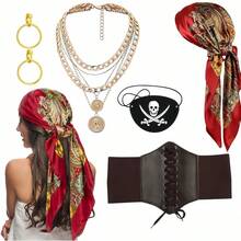 5pcs Halloween Pirate Costume Set, Including (1 Brown Belt, 1 Black Headband, 1 Earring, 1 Eye Patch, 1 Necklace), Suitable For Role Play, Halloween Events, Parties, Balls, Gatherings - Multicolor - View 6