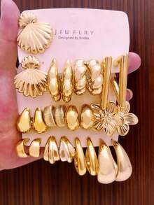 8-24件套欧美风金色螺旋花瓣耳环套装，适合情人节、母亲节礼物及日常佩戴 - 金色 - 查看 5