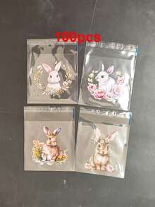 100pcs Easter Bunny And Flower Pattern Gift Bag - Cute Bunny And Spring Flower Pattern Transparent Self-Adhesive Packaging Bag - Four Different Patterns Mixed - Suitable For Easter And Themed Party Gift Packaging - Multicolor - View 5