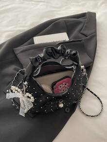 2026款镶钻蝴蝶结褶皱链条单肩手提包，女士款，无吊坠 - 黑色 - 查看 9