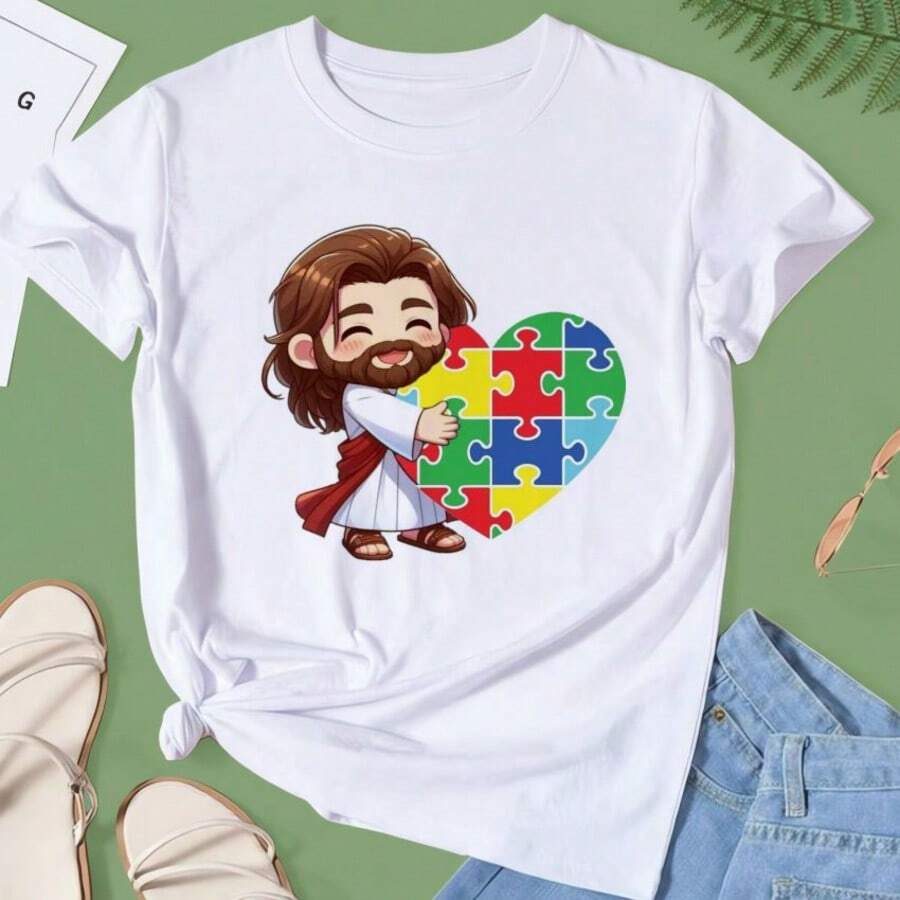 Blusa Tshirt, JESUS CORAÇÃO COLORIDO, moda casual, plus size, colorir, diferente, inclusão, pets - Branco - Visão 1