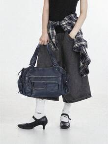 Y2K Motorcycle Bag, Women's Universal, Washed Leather, Zipper Pocket, Shoulder Strap Crossbody, Large Capacity, Multi-Pocket, Casual Daily Travel - Black - View 2