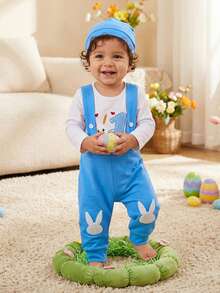 Baby Boy First Easter Outfit Bunny Long Sleeve Romper Suspender Pants And Knot Hat 3 Piece Spring Set - Blue - View 5