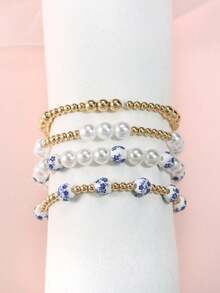 金珠手链 时尚女士蓝白瓷珠手链 手饰 - 彩色 - 查看 1