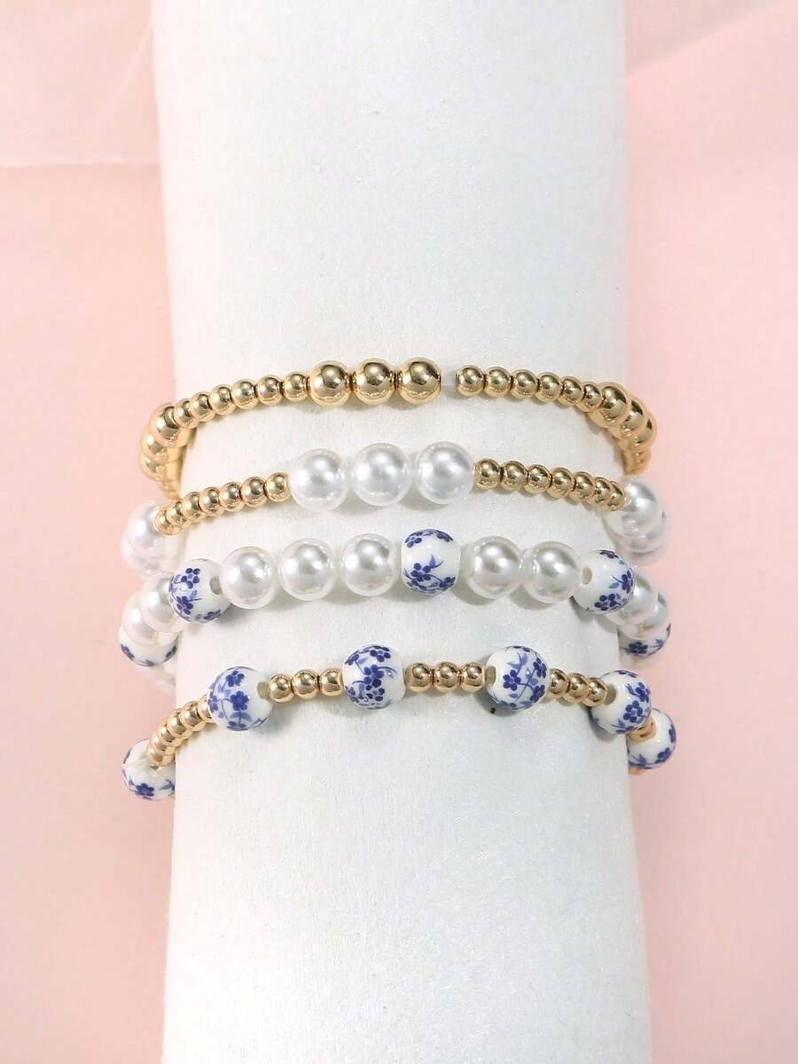 金珠手链 时尚女士蓝白瓷珠手链 手饰 - 彩色 - 查看 1