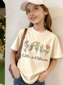 Girls' Cartoon Floral Print Round Neck T-Shirt, Casual & Soft Top For Spring/Summer - Apricot - View 3