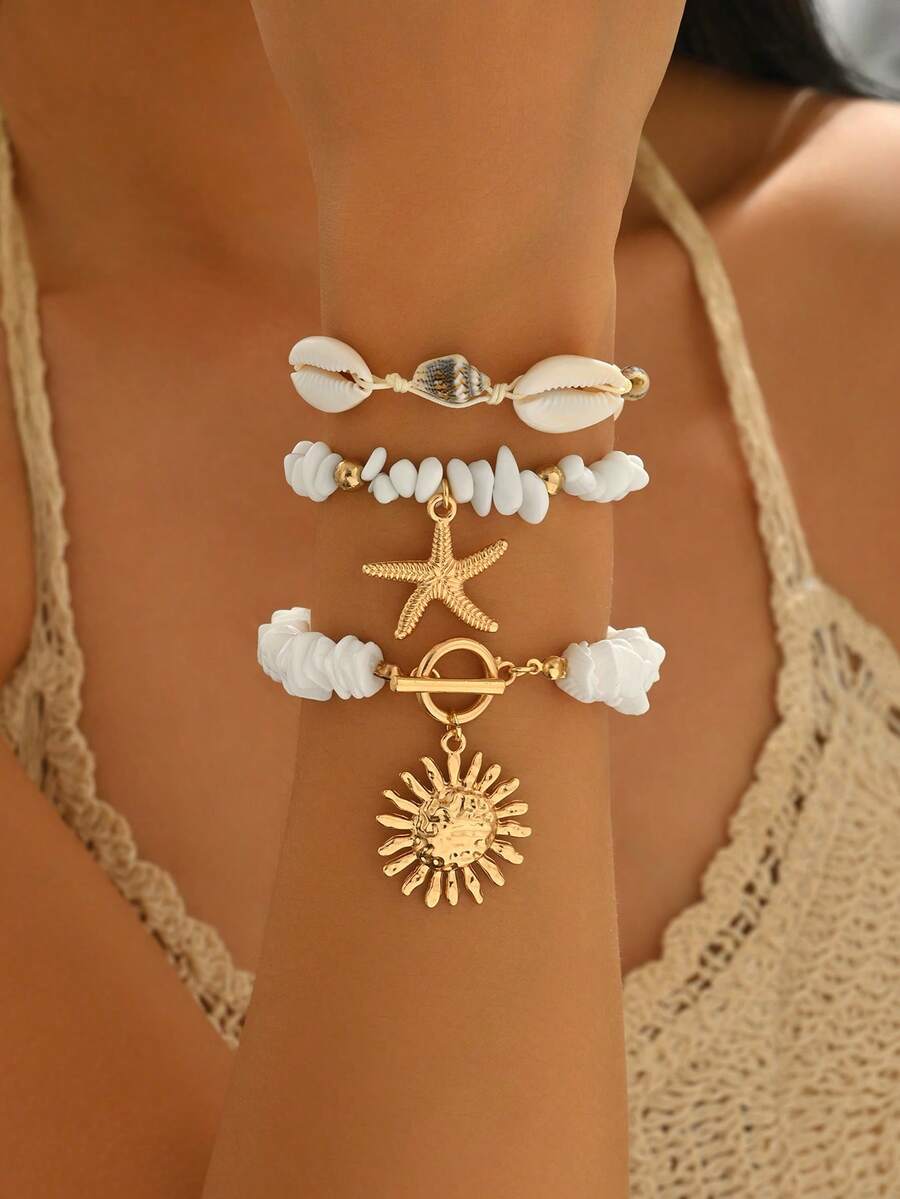 3pcs/Set Bohemian Style Handmade Woven Layered Bracelet With White Beads, Gold Alloy Starfish & Sun Pendant, Adjustable OT Clasp, Versatile For Daily, Vacation, Party & Date Wear - Gold - View 1