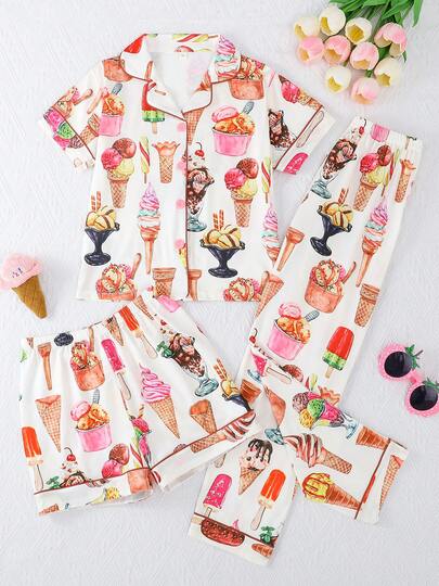 3pcs/Set Girls' Ice Cream Print Polo Collar Short Sleeve Cardigan And Shorts & Pants Casual Sleepwear Set, Flame Retardant, All Season