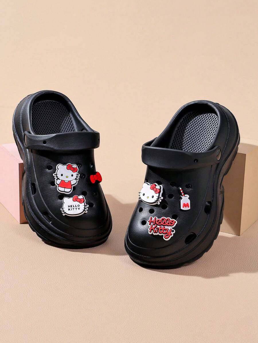 Hello Kitty Women's Cartoon Cute Rhinestone Hollow Outdoor Beach Slippers, Spring/Summer - Black - View 1