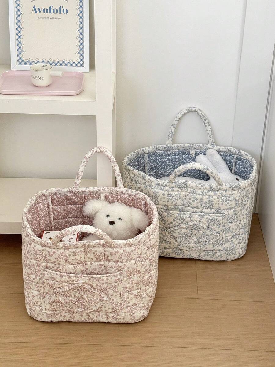 Corduroy Quilted Storage Basket Quilted Fabric Storage Basket With Handles Boho Floral Print Organizer Floral Storage Basket Laundry Basket  Skincare Storage Basket Women Makeup Storage Multi-Functional Storage Basket Cosmetic Organizer Home Decor Living-Room Bedroom Decor Bathroom Decor,Suitable For All Seasons - Multicolor - View 1