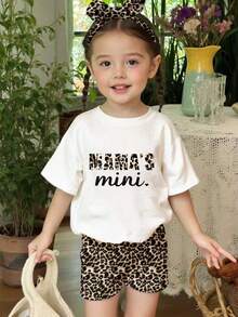 Baby Girl Letter Print Short Sleeve T-Shirt And Leopard Print Shorts Casual Outfit - White - View 5