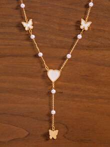 A Fashionable And Elegant Y-Shaped Necklace Imitating Pearls, Hearts, And Butterflies - Multicolor - View 4