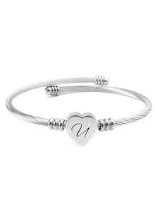 1pc Stainless Steel Heart-Shaped Bangle With 26 Alphabet Letters, Unisex Fashion Minimalist Style Bracelet, Suitable For Daily Wear, Parties, And Gifts - Silver - View 16