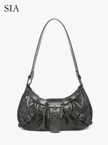 [US-Based Shipping]1pc Vintage Milady Softened Distressed Leather Motorcycle Bag With Rivet, Buckle And Folded Cloud Decoration; Suitable For Work, Commute, Dating, And Party - Xám - Xem 1