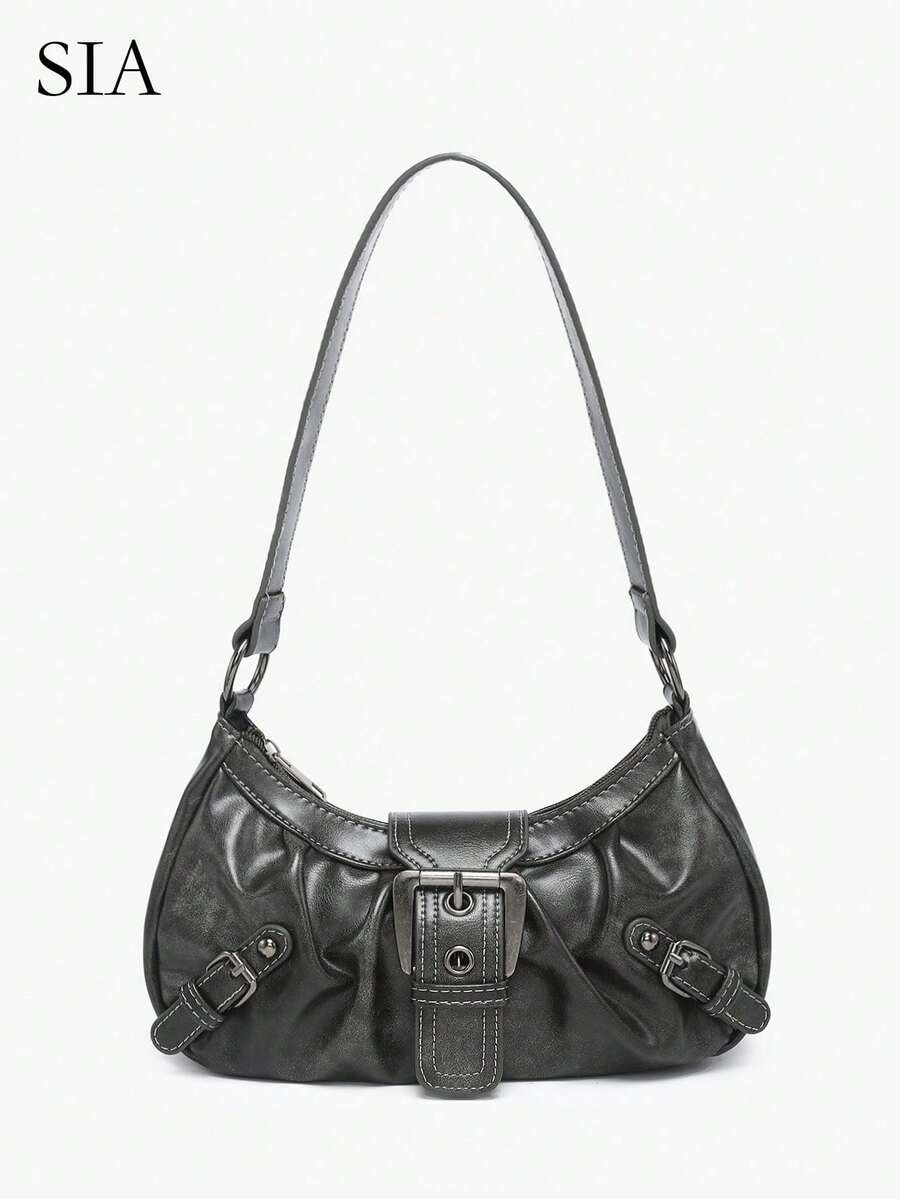 [US-Based Shipping]1pc Vintage Milady Softened Distressed Leather Motorcycle Bag With Rivet, Buckle And Folded Cloud Decoration; Suitable For Work, Commute, Dating, And Party - Xám - Xem 1