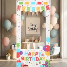 1 peça de moldura para fotos com balões coloridos, confete e caixas de presente de aniversário. Tamanhos: 120*60/180*90/210*105 cm. Ideal para fotos e decoração de festas de aniversário, tanto em ambientes internos quanto externos. - Multicolorido - Ver 7