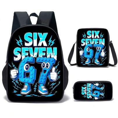 3pcs/Set Creative Pattern Student Backpack 15", Lightweight Outdoor Casual Backpack, Unisex, 3pcs Set Includes Backpack, Messenger Bag And Pencil Case