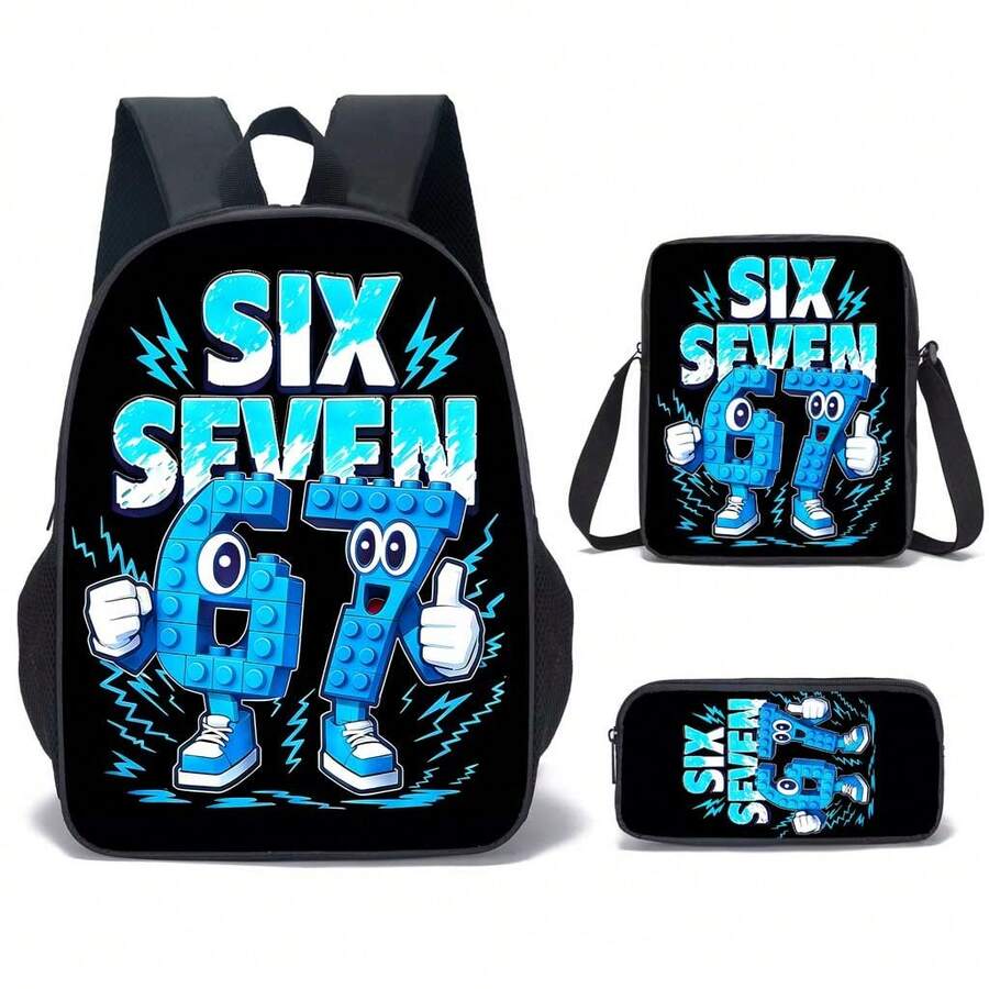 3pcs/Set Creative Pattern Student Backpack 15", Lightweight Outdoor Casual Backpack, Unisex, 3pcs Set Includes Backpack, Messenger Bag And Pencil Case - 16-inch Three-piece Set - View 1