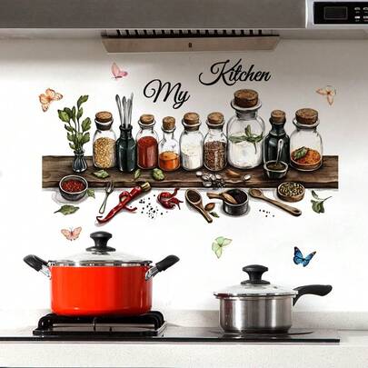 1 Stück Küchengewürzregal Wandaufkleber, kreative Flaschenkunst, selbstklebend und abnehmbar, um eine skurrile Kückenecke oder rustikale Café-Wand zu dekorieren, Gewürzgläser & Chili Aufkleber, abziehen und aufkleben, geeignet für gemütlichen Essbereich oder Zuhause, ideales Geschenk für Feinschmecker, durchdacht und spaßig, passend für Küchen- oder Wohnzimmerwanddekoration