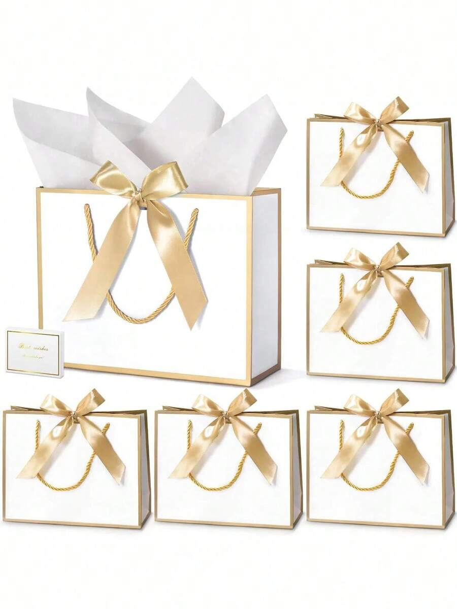 30pcs Gold Framed Gift Bags With Handles And Bows, Includes Wrapping Paper, Ribbons And Cards, All-In-One Packaging Set For Birthday, Wedding, Baby Shower, Bridal Party And Special Occasions - White Background With Gold Trim - View 1