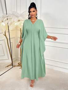 Amarilo 女士春夏优雅V领连衣裙，荷叶袖宽松蝙蝠袖下摆，适合各种节日穿着 - 豆綠色 - 查看 5