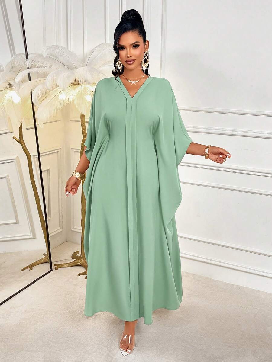 Vestido elegante de mujer Amarilo con cuello en V, mangas con volantes y dobladillo suelto tipo murciélago, adecuado para varios festivales de primavera y verano - frijol verde - Ver 1