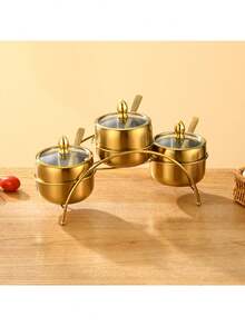 Set de 3 piezas (1 cuchara, 1 tazón, 1 tapa de vidrio) Frascos de almacenamiento de especias de acero inoxidable dorado con 1 cuchara, 1 tazón, 1 tapa de vidrio, apto para lavavajillas, boca ancha, multiusos para condimentos, crema, azucarero, adecuado para la organización de la barra de café y la cocina - 3 piezas - Ver 12