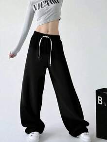 Women's High Waist Drawstring Straight Leg Maxi Pants, Suitable For Daily Wear, Work, Travel And Casual Occasions - Black - View 10